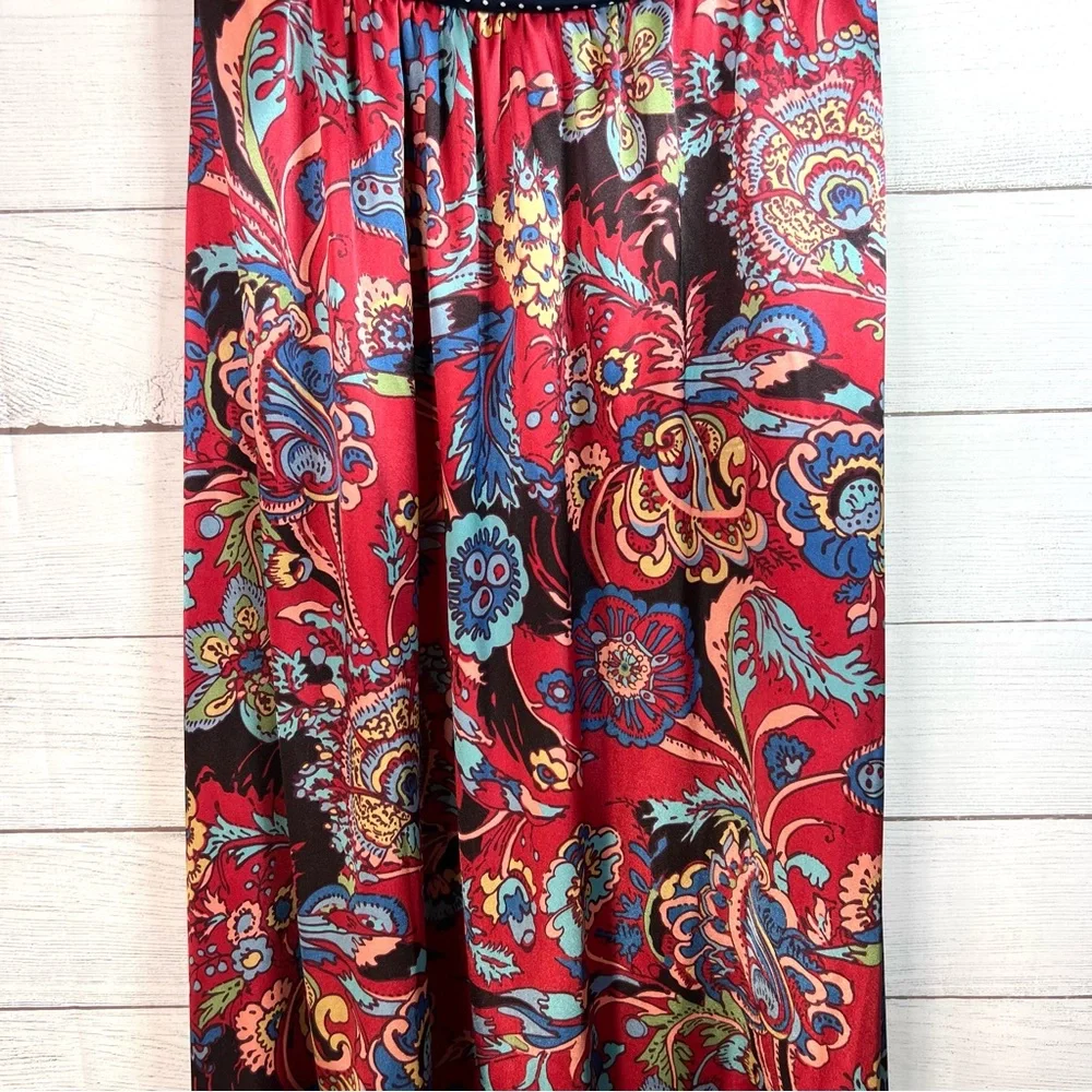Vintage Forever 21 Blue Red Floral Strapless Maxi Satin Dress Size L Y2K Boho